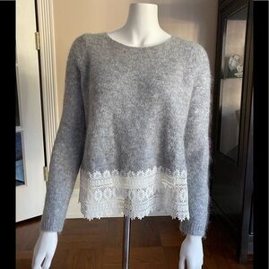 Sezane Grey Mohair Sweater with Lace Trim